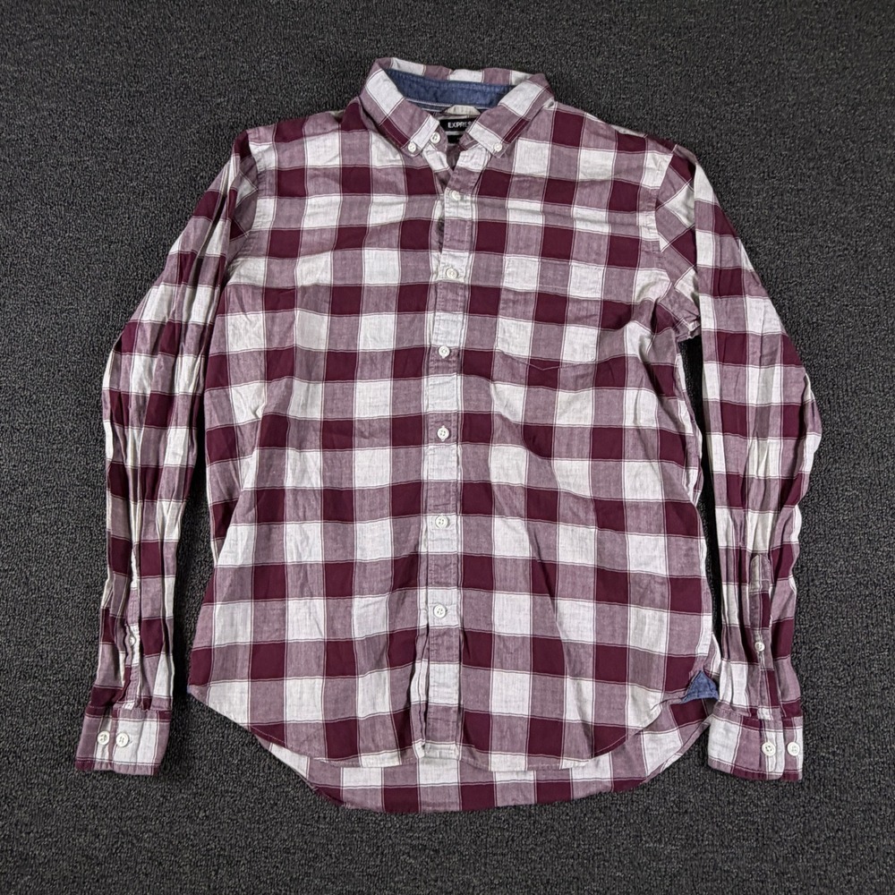Express Shirt Mens L Soft Wash Burgundy White Plaid Button-Down EUC